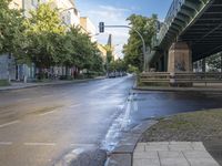 the view under the highway, on a rainy day of the city street and on the streets with buildings and bicycles