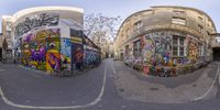 a 360 - fish - eye photo of the same street in an urban setting in a city