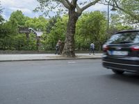 a small black car driving down a street next to tall trees and people standing near a tall tree