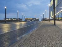 a walkway with two benches and several street lights at dusk on top of it in the city