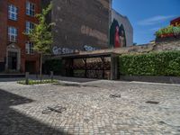 a green shrub near a gray building and a brick walkway with a bicycle rack in it