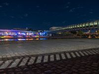 Berlin Cityscape: Neon Lights Reflecting on Cobblestone Streets