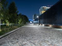 a sidewalk with cobblestones that look like stone floors at night in a european country town