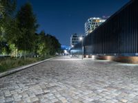 a sidewalk with cobblestones that look like stone floors at night in a european country town