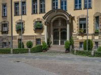 large yellow building with some plants and bushes in front of it for decoration or entertainment