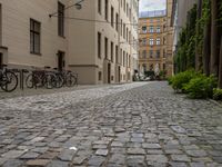 a city street with many bicycles parked on the side walk outside of buildings and trees