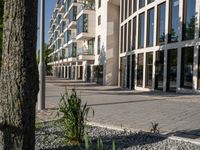 the building is surrounded by many glass panels in the courtyard, and has brick paving in the front