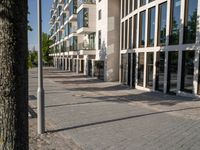 the building is surrounded by many glass panels in the courtyard, and has brick paving in the front