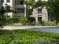 a man riding a skateboard down the street next to bushes and trees with apartment buildings