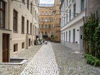 people are walking in an alley of a city with lots of cobblestones on the sidewalk