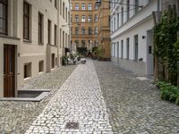 people are walking in an alley of a city with lots of cobblestones on the sidewalk