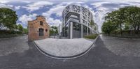 two 360 - views of an urban area including buildings with arches on it, a tree line, and a street with bricks and pavement