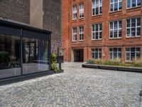 several plants sit in decorative concrete planters along the sidewalk of a building that is very modern