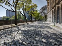 an empty cobble stone road next to tall buildings and trees under a bright blue sky