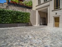 a green shrub near a gray building and a brick walkway with a bicycle rack in it