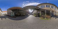 a view of the outside of a building taken upside down with fish eye lens showing a curved building and people walking on a cobble