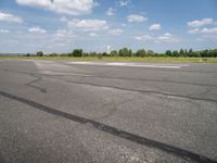 a blue sky with clouds is over an airport runway and some people on it standing near the runway