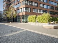 two bikes sit on a street next to a building and trees in the background and one bike is standing on the sidewalk