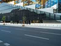 empty street near building and trees in the city on sunny day on street corner with reflections in modern glass