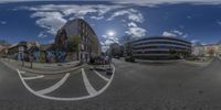 two photos of a street from fisheye lens showing an intersection with a building and cars in front