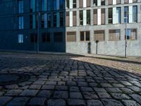 an empty stone street with tall buildings and buildings in the background in the city of leipzig