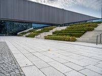 the courtyard with a row of bushes and stairs leading to it is next to a building