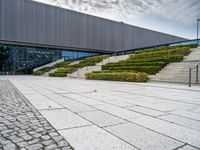 the courtyard with a row of bushes and stairs leading to it is next to a building