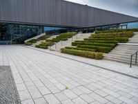 the courtyard with a row of bushes and stairs leading to it is next to a building