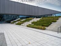 the courtyard with a row of bushes and stairs leading to it is next to a building