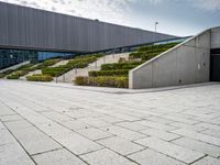 a large open courtyard and stairs with many trees in it by the building and the entrance