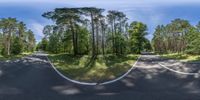 a very wide angle shot of the road through trees in the forest and a man riding on a moped on the side