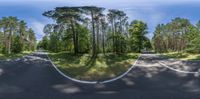 a very wide angle shot of the road through trees in the forest and a man riding on a moped on the side