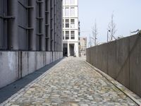 a brick sidewalk near a building in a city alley area of an urban area for urban purposes