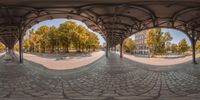 a street with many different sections of arches and some trees are seen through the round glass windows