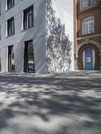 a street with buildings and a tree in it in front of the building on the right side