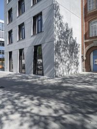 a street with buildings and a tree in it in front of the building on the right side