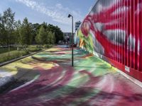 a graffiti painted walkway near green trees and road light poles next to a building with red and blue walls