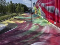 a graffiti painted walkway near green trees and road light poles next to a building with red and blue walls