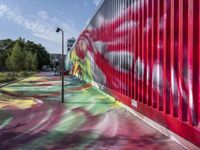 a graffiti painted walkway near green trees and road light poles next to a building with red and blue walls