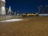 the empty brick road in the dark with buildings in the distance and lights at night