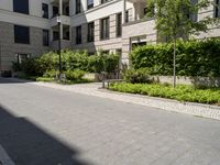 a row of houses next to a courtyard and landscaping area with stone path between buildings