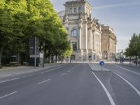 a empty empty street in front of buildings and trees in europe with no traffic or people