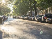 a city street lined with parked cars next to tall trees filled with green foliage and a person walking past it