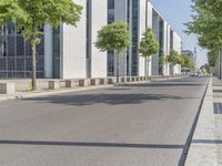 a city street that is lined with trees on both sides and empty sidewalks on either side