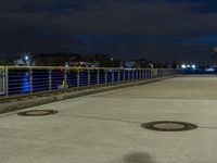 a bench sitting at the edge of a walkway that runs past a waterfront on an overcast night