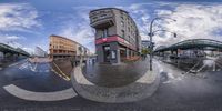 a fish eye lens picture of some buildings and some people walking in a city at a sunny day