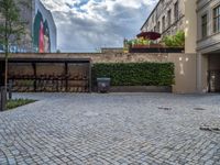 an empty parking lot with plants in the ground and on the side of the building, there is an enclosed area and windows