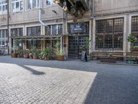 a brick road with multiple plants in pots and people walking around the corner of the street