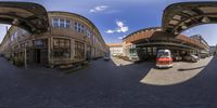 two circular pictures of a double decker bus at a stop on a cobblestone street