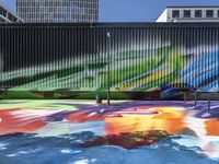 a colorful painted mural next to tall buildings and a bench in front of it at a sidewalk